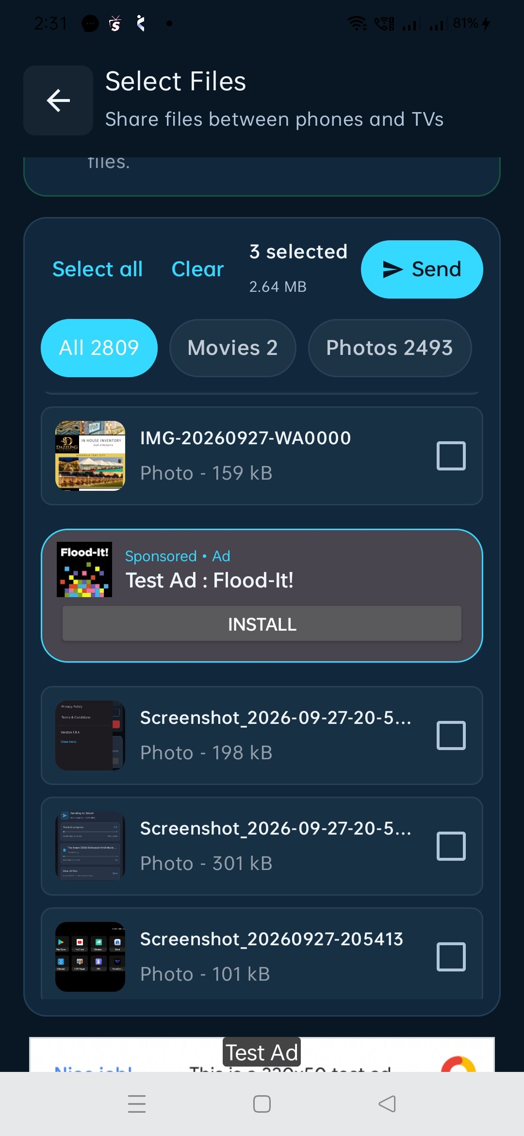 VyoraShare mobile file selection